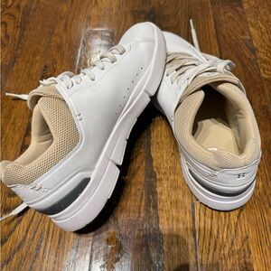 On Running White and Tan Sneakers with Cushioned Sole